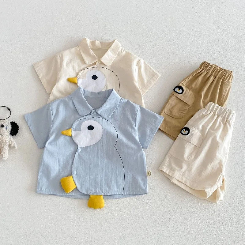 2026 Summer Baby Children Short Sleeve Shirts 3D Cartoon Penguin Boys Lapel Shirt Korean-style Casual Kids Clothes