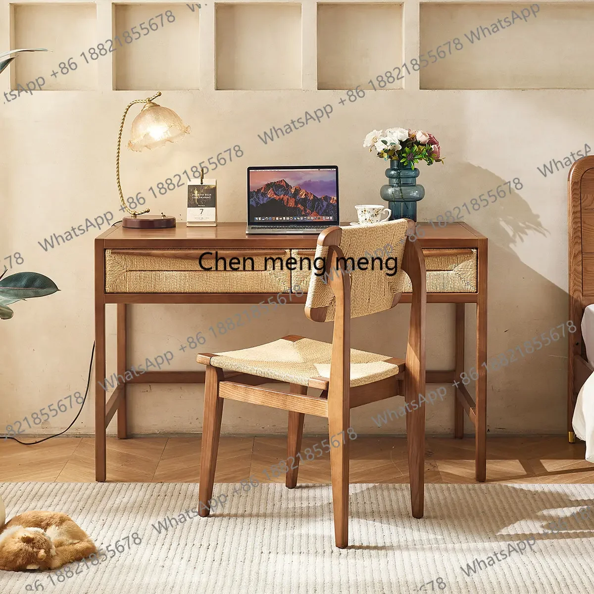 a55 Vintage Nordic designer bedroom small apartment integrated rattan dresser solid wood makeup table and chairs