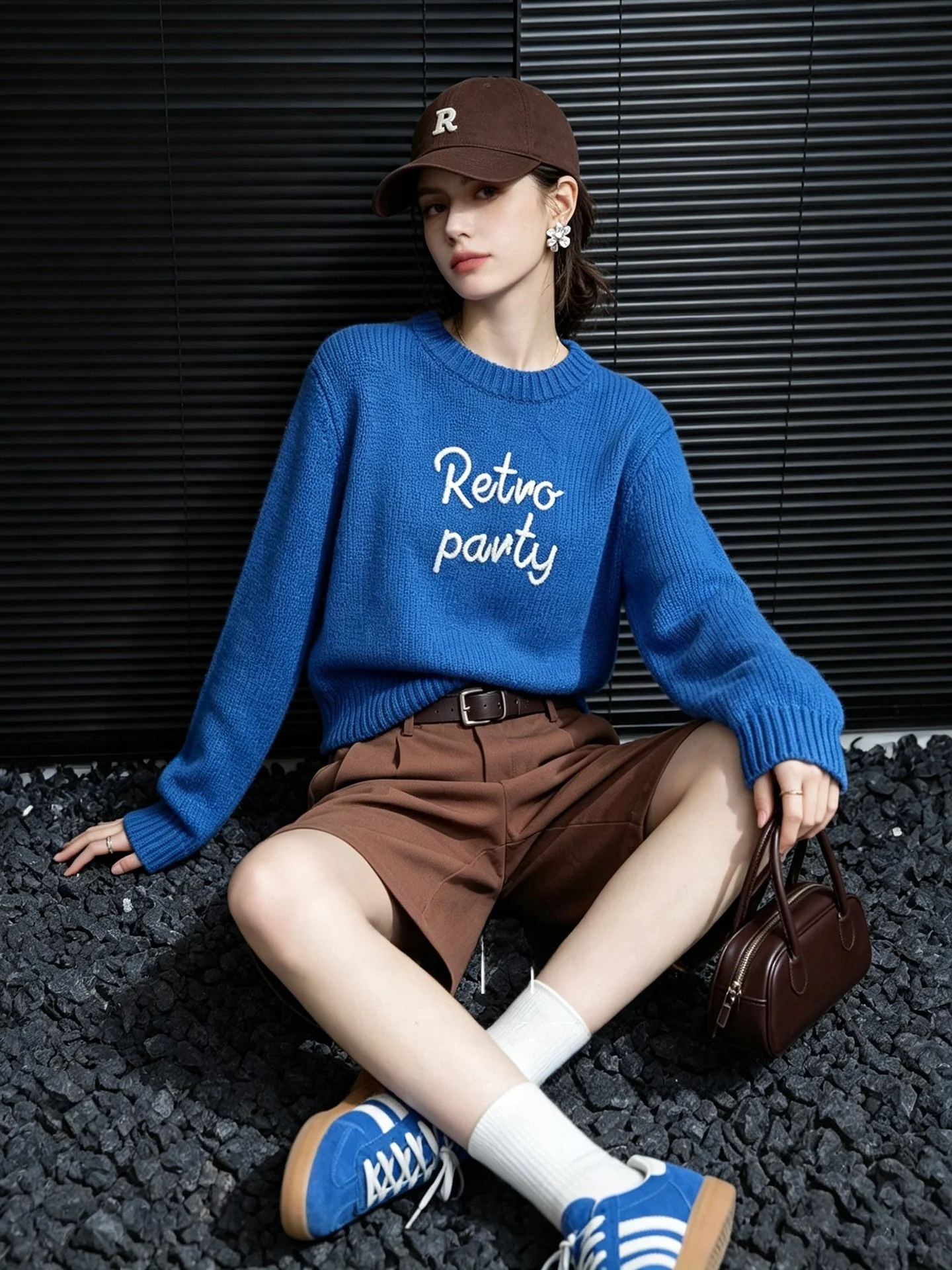 Huaappuw Retro Letter Embroidery Knitwear round Neck Slim Fit Sweater French Style Loose Fit Polyester Acrylic Nylon Blend