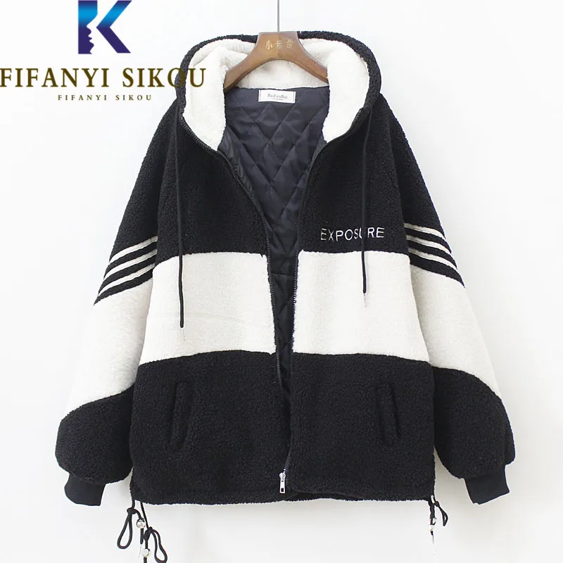 

2022 Winter Jacket Women Thick Warm Overcoat Patchwork Fashion Print Hooded Lambswool Jacket Loose Zipper Plush Coat Female