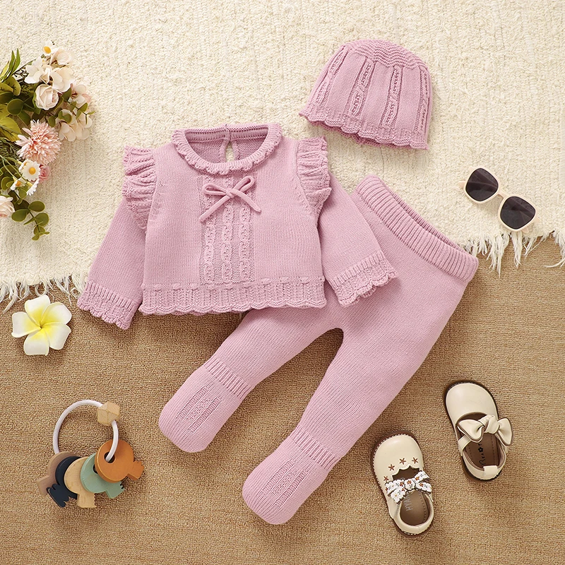 

Зимние комплекты одежды для маленьких девочек, розовый свитер с длинными рукавами, рубашки + штаны + шапки, наряды для новорожденных, весенне-осенний костюм из 3 предметов для малышей