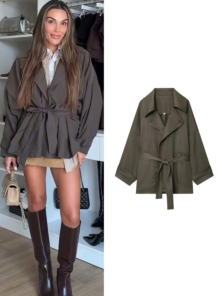 

TFMLN 2025 Women’s Autumn Belted Trench Coat Fashion Loose Fit Jacket Coat Leisure Solid Outerwear Chic Versatile Streetwear