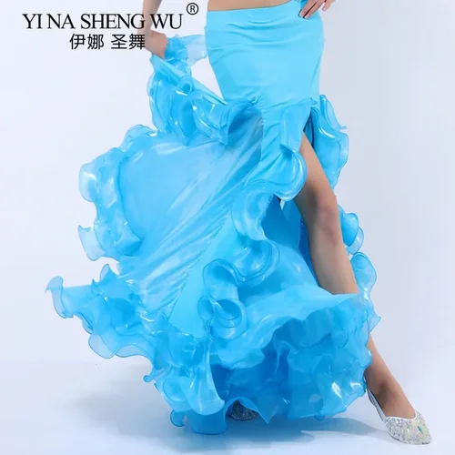 Imagen 2 del producto Falda de actuación de danza del vientre, falda larga con borde rizado dividido, falda larga Sexy con volantes para mujer, ropa de traje de danza del vientre en 9 colores