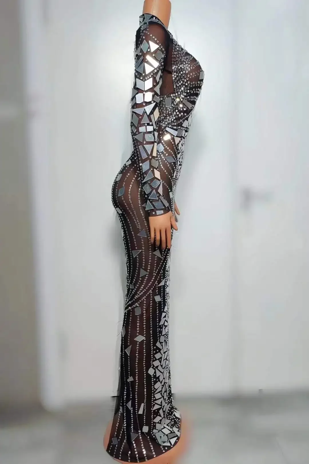 

Bachelorette Bodycon Ballroom Women Sparkly Rhinestone Sequin Mirrors Long Dress Party Birthday Queen Stage Performance Costume