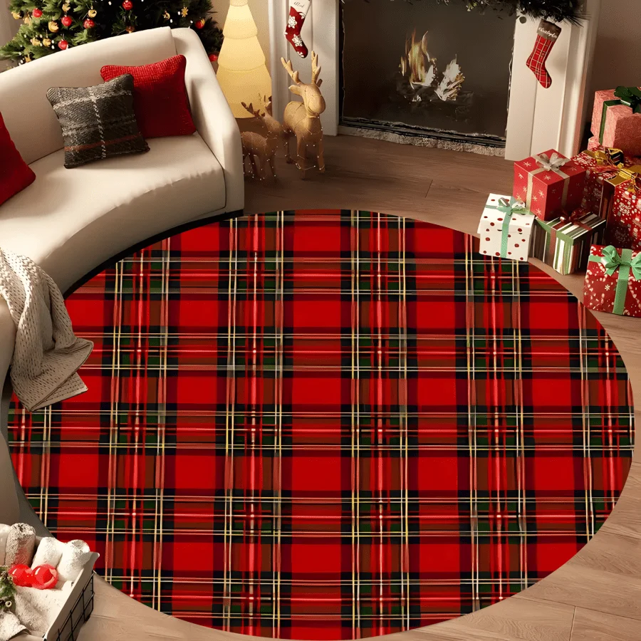 1pc 2D Flat Buffalo Red Plaid Round Rug, Washable Mat for Living Room Bedroom Kitchen Entryway, Winter Home Decor