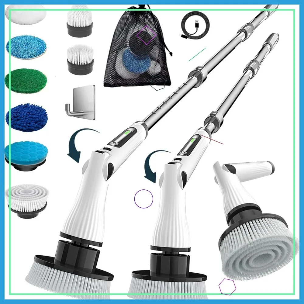 Purificador giratório elétrico sem fio 8 em 1, escova de limpeza recarregável com 8 cabeças para banheira de azulejos de banheiro