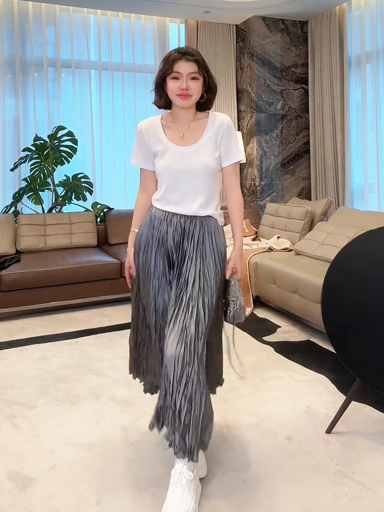 

Ele Flowing Silky Smooth High Waist A-Line Midi Skirt Faionable Pleated f Body Skirt for Women Commute Sle