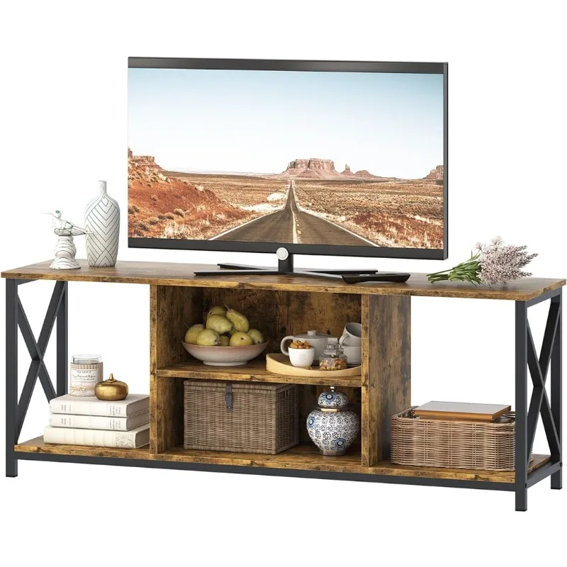 

TV Stand Industrial for Televisions,Industrial Television Cabinet 3 Tiers Open Storage Shelves,Rustic Brown Wood TV Console