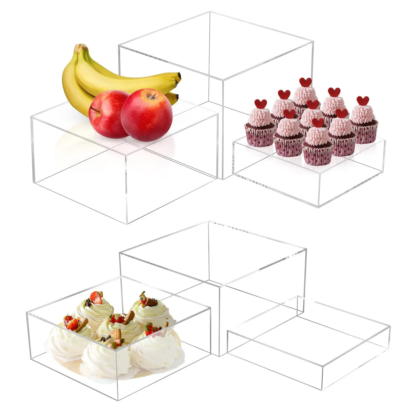 6-Piece Acrylic Display Box Cube Riser Party Buffet Food Rack Cake Rack Square Set