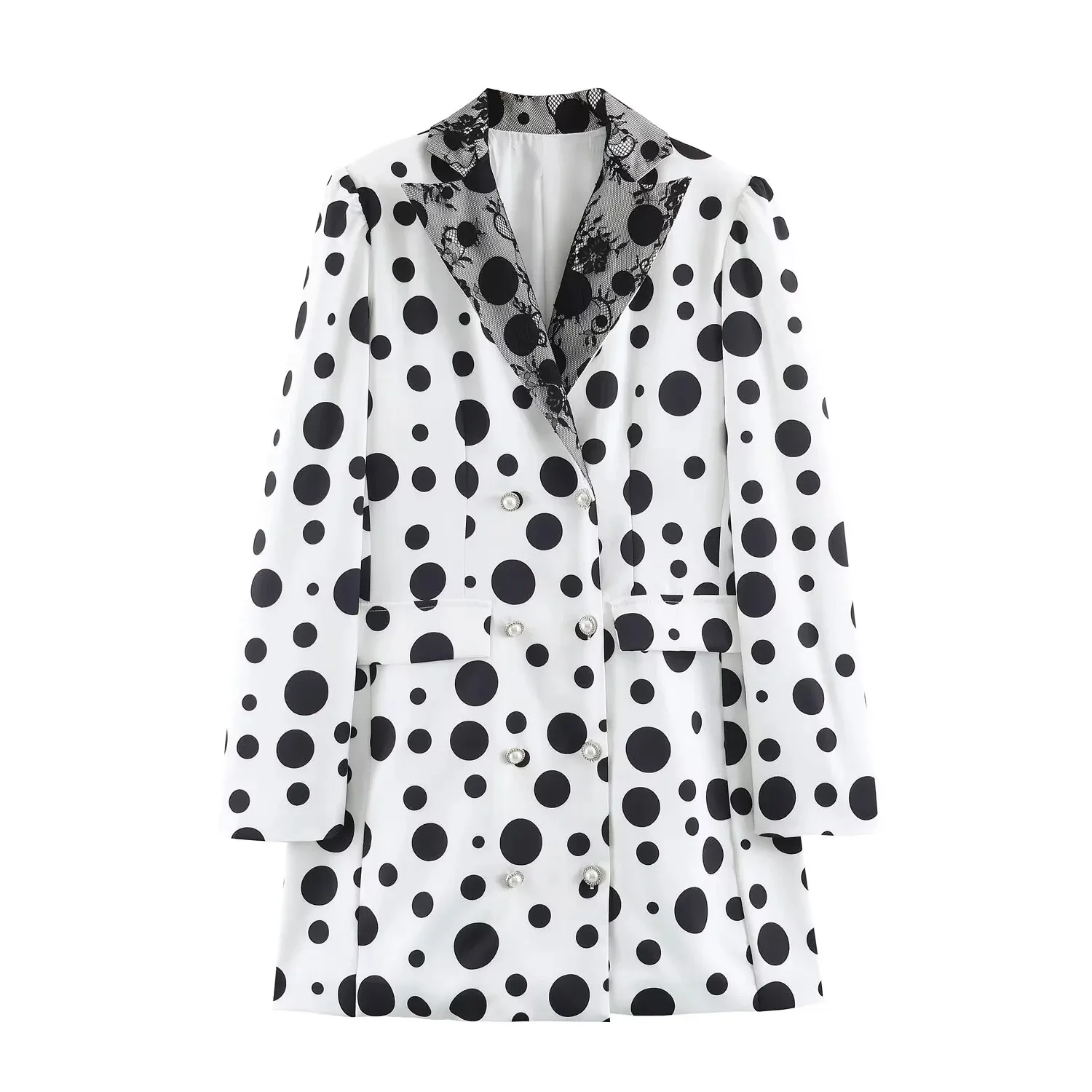 2026 new summer women's French retro polka dot print neckline lace splicing double-breasted suit dress