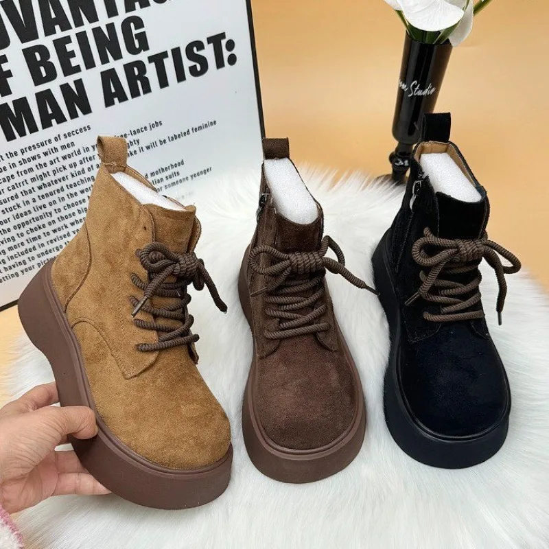 

Hot selling women's 2025 new autumn and winter suede mango head high rise thick soled short boots