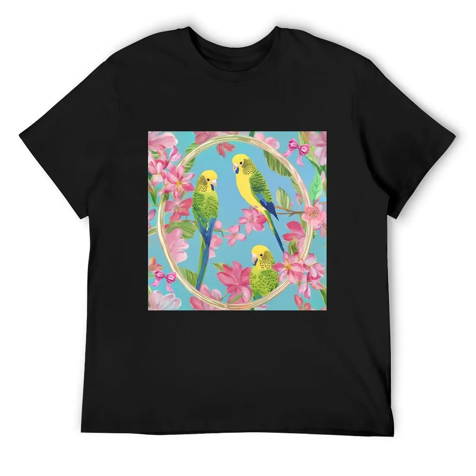 Cute budgies and Azalea blossom on sky blue T-Shirt customs sublime oversized t shirts for men