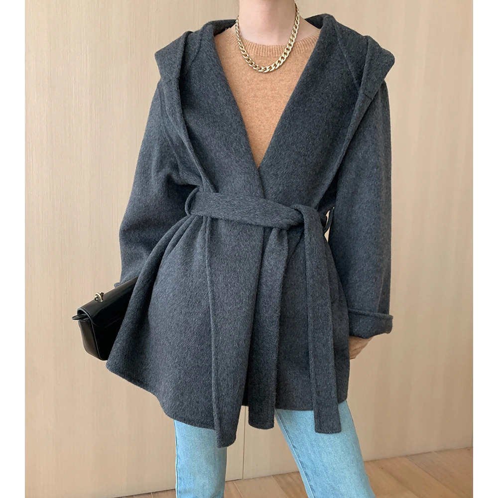 2024 Women Autumn Coats Open Stitch Hooded Woolen Coat Drouble Face Wool Women Winter Cape Femme Tops