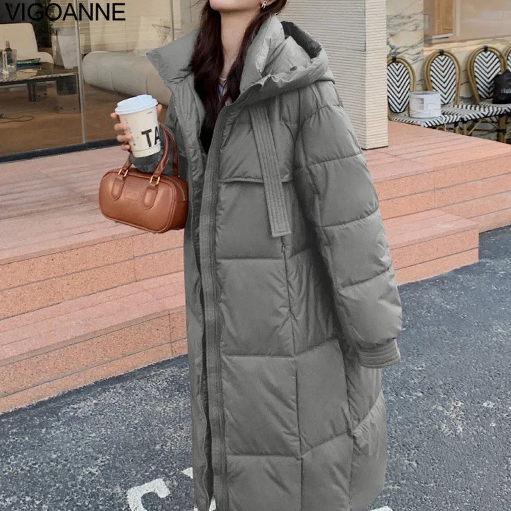 VigoAnne 2025, Koreanische Feste Kapuze Unten Langen Mantel Frauen Casual Langarm Tasche Winter Lose Jacke Dame Dicke Warme Outwear