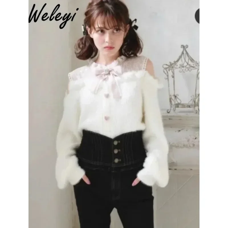 

Japanese Lolita Sweet Bow Off Shoulder Sweater Ladies Autumn Sweet Women's Fury Lace Stitching Slim Fit Long Sleeve Knit Jumper