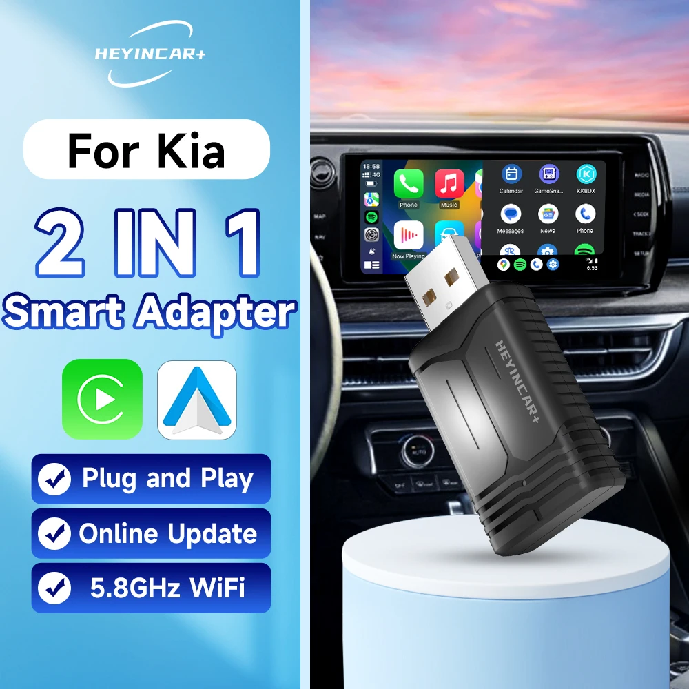 2024 HEYINCAR 2in1 Wireless Carplay Adapter Android Auto For Kia Sportage K5 Carnival Picanto Soul Seltos Telluride Niro EV6