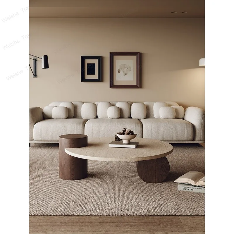 

Natural travertine round coffee table living room household small apartment designer tea table light luxury advanced sense wabi