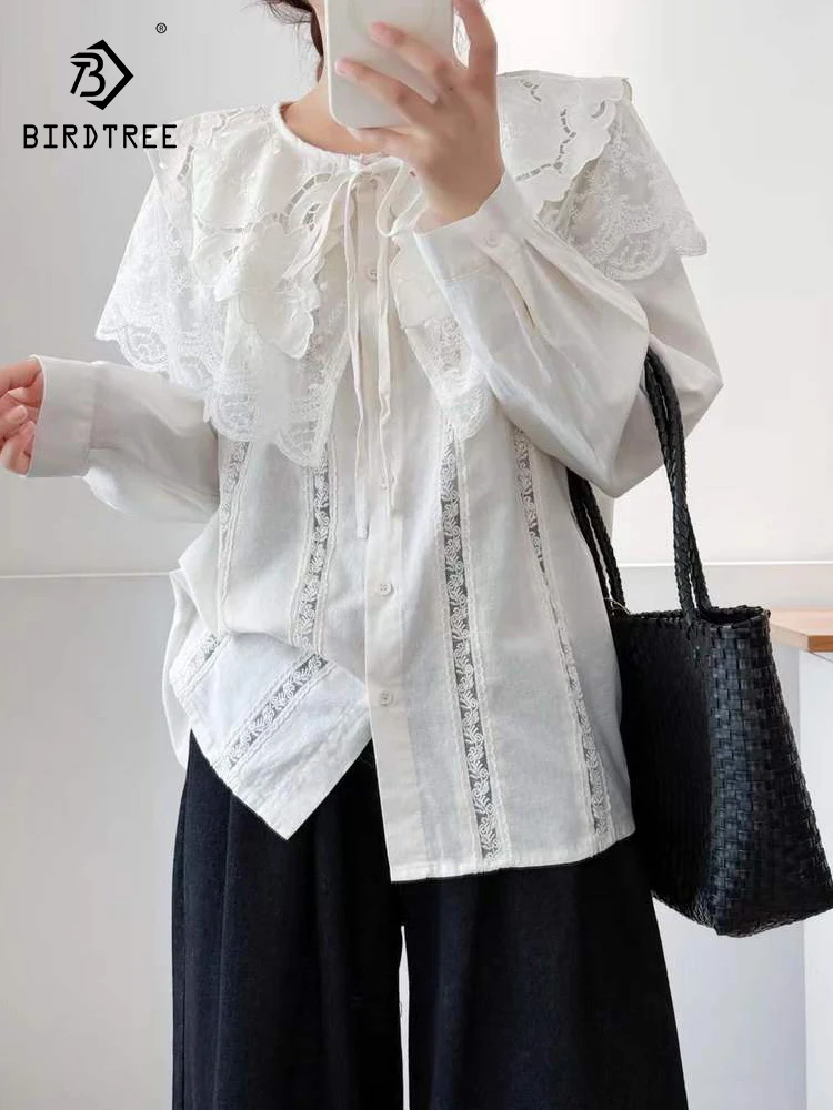 

New 2026 Spring Cotton Long Sleeve Shirt, Women Turn-down Collar Lace, Mori Girl French Princess Style Loose Blouse T61418CC