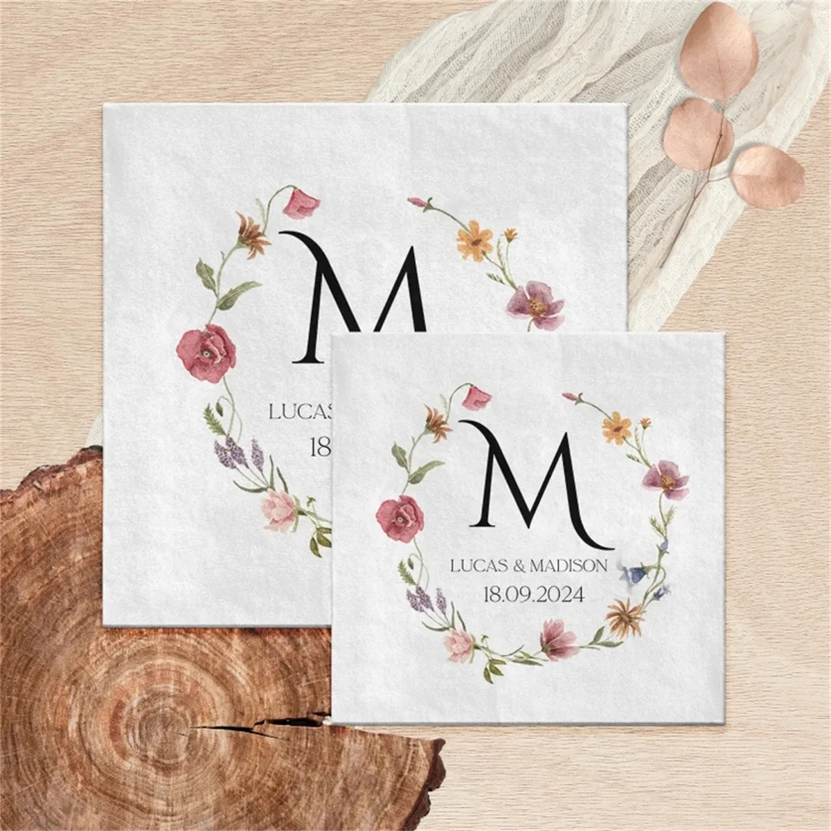 50 PCS Personalized Wildflower Wedding Napkins | Custom Monogram Wildflower Napkins for Wedding Reception, Engagement Party, Reh