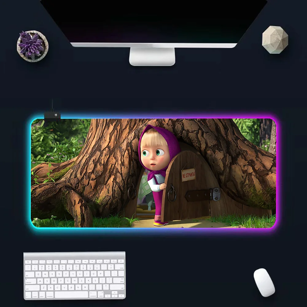 Hot Anime Masha and the Bear RGB Pc Gamer Keyboard Mouse Pad Mousepad LED Glowing Mouse Mats Rubber Gaming Computer Mausepad