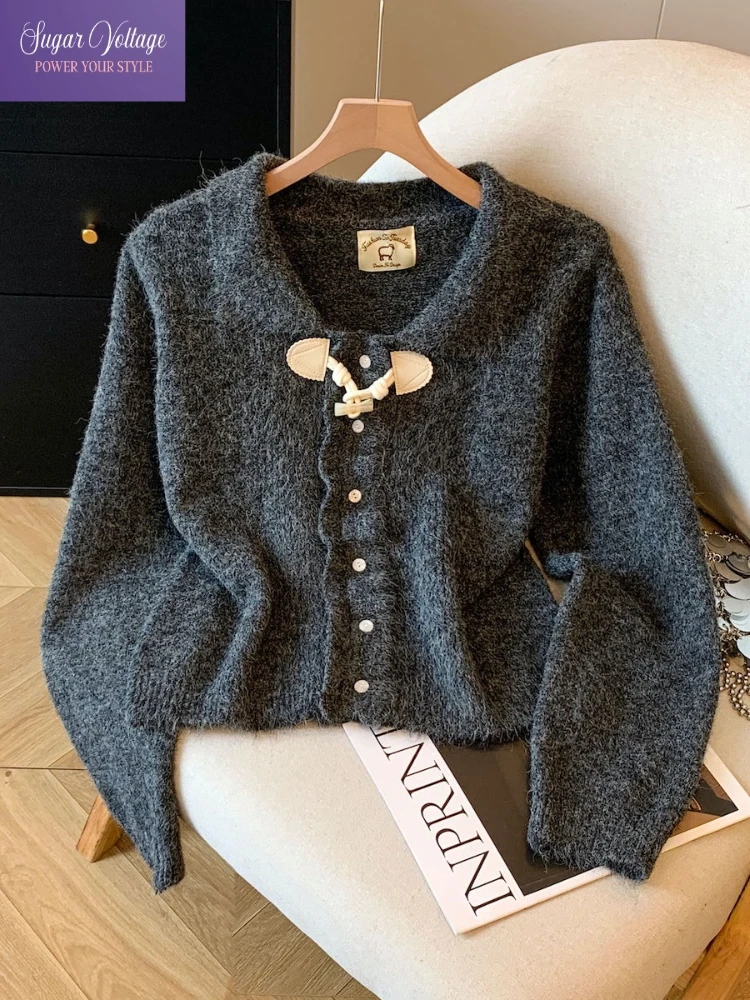 

Осенний винтажный модный вязаный мягкий свитер, женский свободный крой с длинным рукавом, воротником Питера Пэна, топы на пуговицах, повседневный элегантный кардиган в стиле ретро