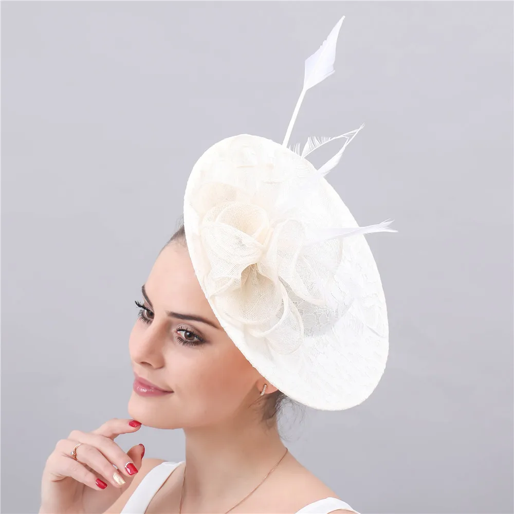 Beige Wedding Hats Fascinators For Bride 30CM Big Elegant New Cute Style Floral Dot Veil Bowler Hat Women Banquet Party Headwear