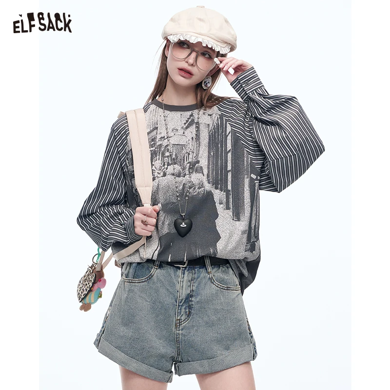 ELFSACK Fitted Graphic Long Sleeve Tee Women, Raglan Striped Sleeve All-Over Print T-Shirt, Retro Y2K Streetwear Top