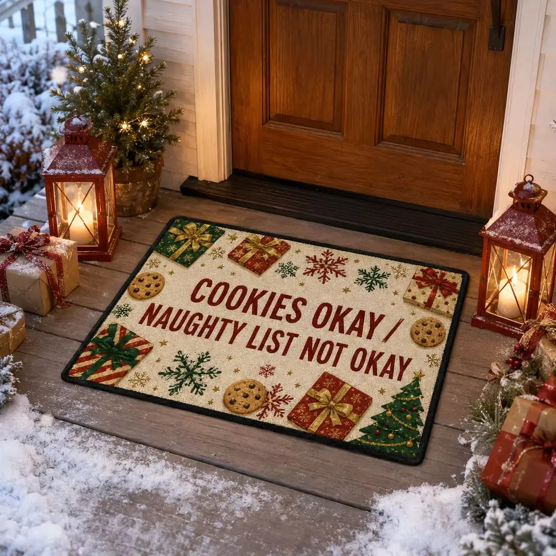 Christmas Doormat Cookies Okay Naughty List Not Okay Welcome Mat Non Slip Front Door Entrance Rug Indoor Outdoor Home Decor