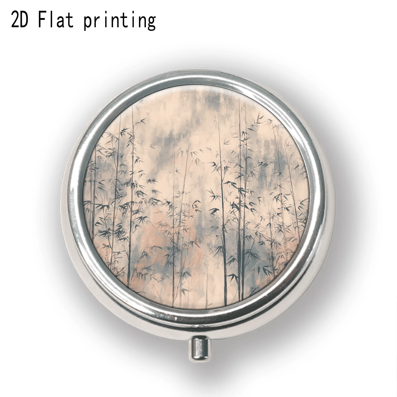 Single pack, flat print, ink landscape forest pattern, round three-compartment small box, portable medicine storage, small jewelry storage, suitable for handbags or travel, traditional style for business seniors or artisans