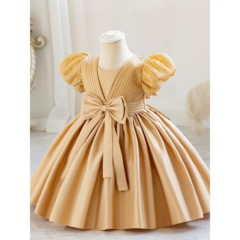 2024New Children's Birthday Dress Children's Dress Year-Old Princess Dress Satin Bow Striped Exclusive for Cross-Border Now