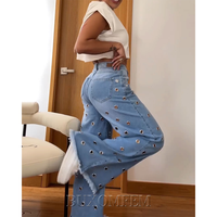 2024 Women's Wide Leg Pants Unique New High Waist Slim Fashion Jean Women's Light Blue Holes Stylish & Comfortable Denim Pants