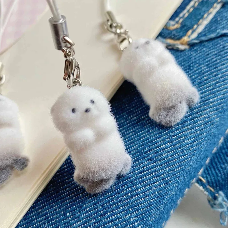 Cute Resin Flocking Sea Otter Animal Keychains Fluffy Cartoon Marine Animals Pendant Bag Earphone Case Phone Lanyard Accessories