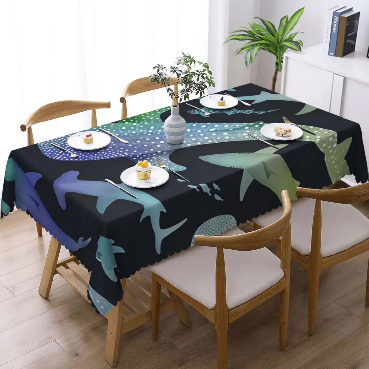 Blue And Green Watercolor Shark Ocean On Dark Navy Blue Custom Rectangular Tablecloth Table Cover for Dining Events Table Cloth