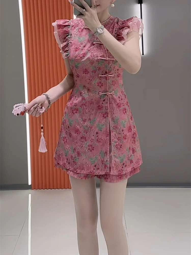 

Ele Floral Embroidery Button Design Women's ort Sve Midi Dr with orts Chinese Sle Faionable Summer New Arrival
