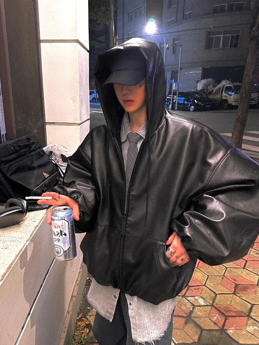 

Winter Short Oversized Black Soft Pu Leather Jacket Coat Men Winter Hood Zipper Men Jacket Loose Casual Korean Fashion Clothes