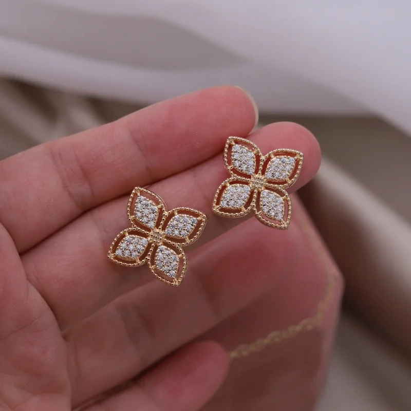 2024 South Korea new design fashion jewelry 14K gold plated luxury zircon leaf earrings elegant women\'s party accessories