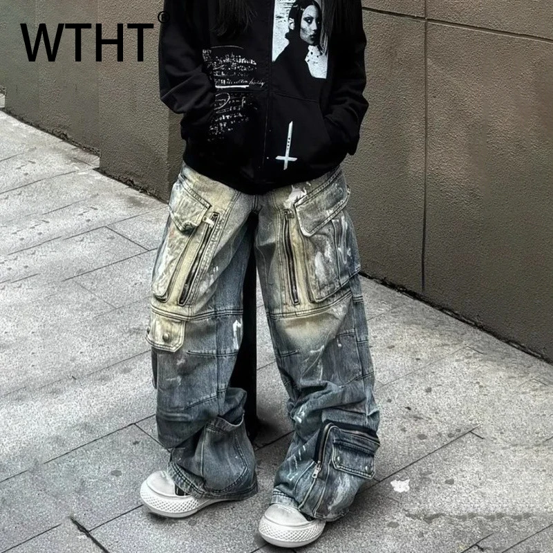 

WTHT Fashion Men's Graffiti Do Old Pockets High Street Denim Pants Vintage American Style Straight Jeans Male 2025 Autumn 2A2434