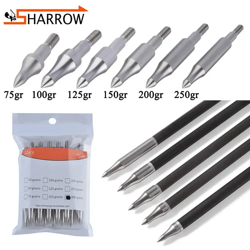 

12pcs Shooting Target Arrowhead Archery Training Steel Arrow Point Tips 75-300grain 8-32 Thread Arrow Heads Hunting Accessories