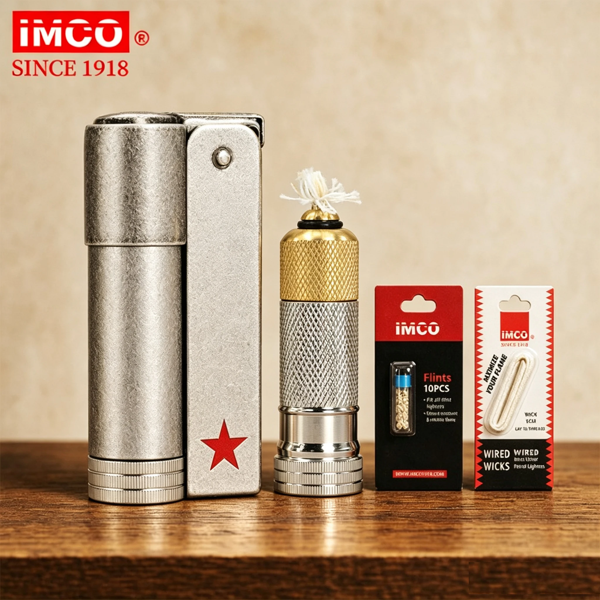 IMCO 6700 Vintage Trench Lighter Antique Silver Star Painted Fuel Petrol Lighter Gift For Men, Equipped With Flints And Wick