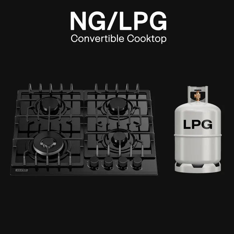 Kompor Gas Cooktop dengan 4 pembakar bersegel-tugas berat terus menerus-NG/LPG-permukaan kaca Tempered hitam