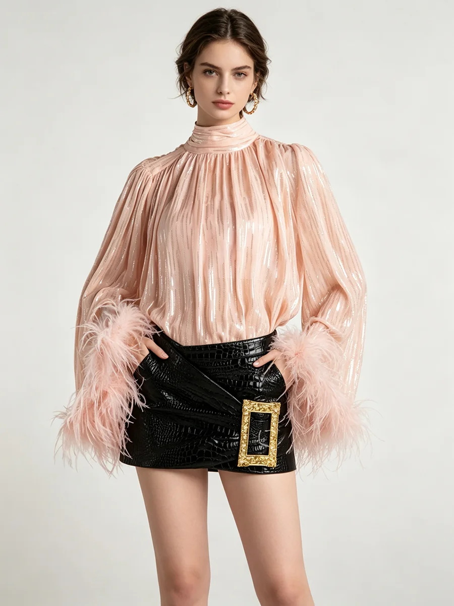LIMO High Neck Gathered Shimmer Blouse Long Sleeve Feather Trim Cuff Party Top