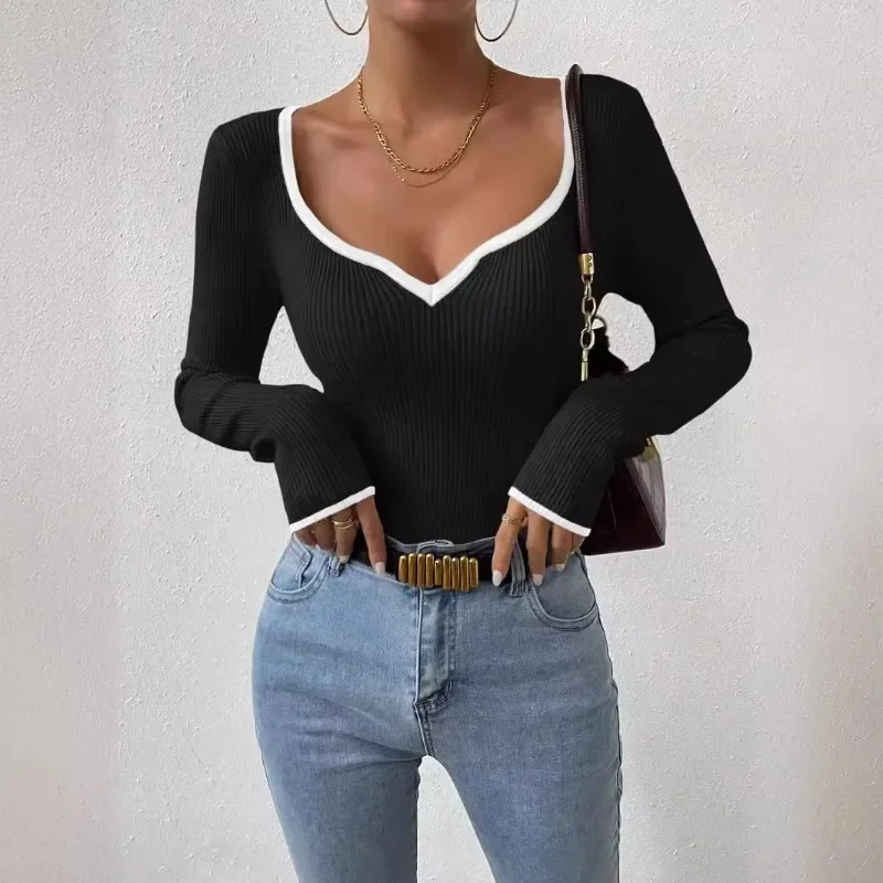 

Women's Fashion V-neck Striped Contrasting Knitted Top Temperament Commuting Autumn New Women Casual Slim Pullover Sweater