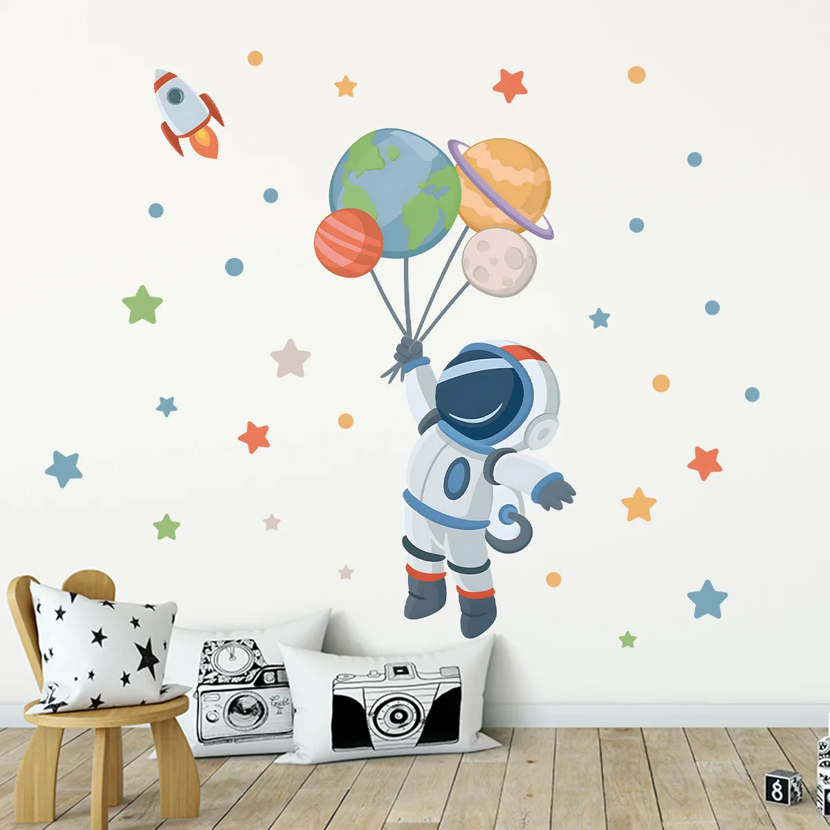 Cartoon Astronaut Rocket Wall Stickers Space Planet Walk DIY Art Vinyl Removable Murals Decals for Kids Room Baby Room Decor