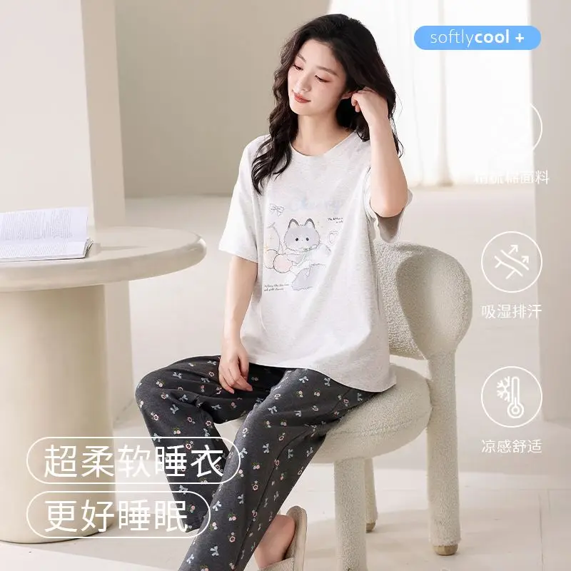

Лето 2025 г., хлопковый пижамный комплект с короткими рукавами и длинными штанами для женщин, корейская милая одежда для сна с героями мультфильмов, домашняя одежда, Pijama Mujer, домашняя одежда