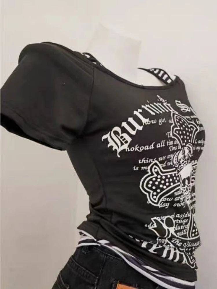 Y2K خمر قبالة الكتف القمم المرأة إلكتروني طباعة مخطط المرقعة سليم تي شيرت قصير الأكمام الصيف الألفية موضة تيز جديد