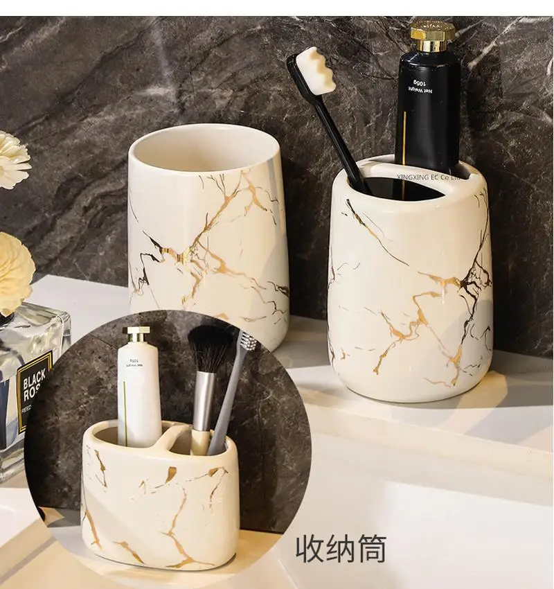 Scandinavian Bathroom Amenities / Black Marble Ceramic Decoration Accessories Soap Dispenser Toothbrush Holder Tray