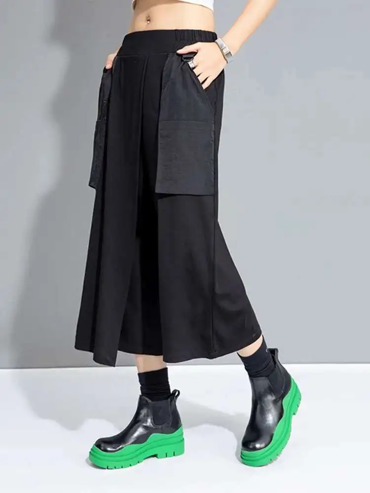 Pantalones largos hasta la pantorrilla falsos empalmados negros con cintura alta elástica nuevos pantalones moda mujer tendencia primavera otoño