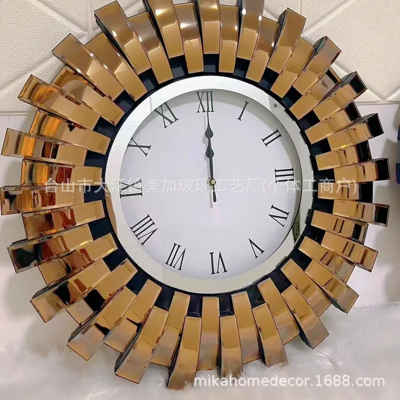 European American Roman Style Digital Baking Curved Mirror Strip Sunflower Design Wall Clock Living Room Wall Decoration