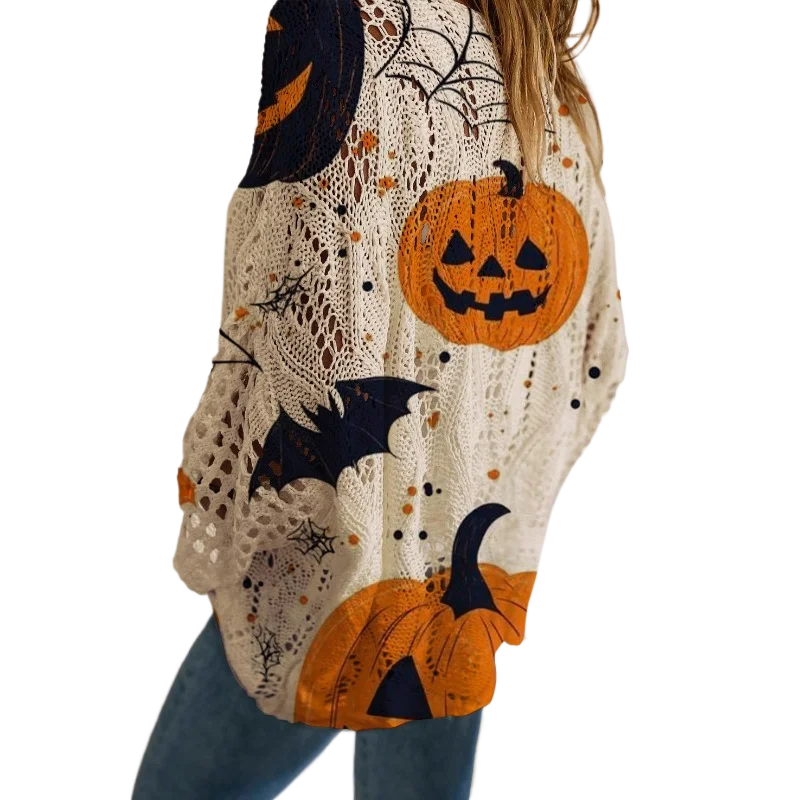 Fall Casual Women Halloween Party Pumpkin Bat Print Hollow Knit Top Boat Neck 3/4 Dolman Sleeve Loose Casual Fall Blouse Shirts
