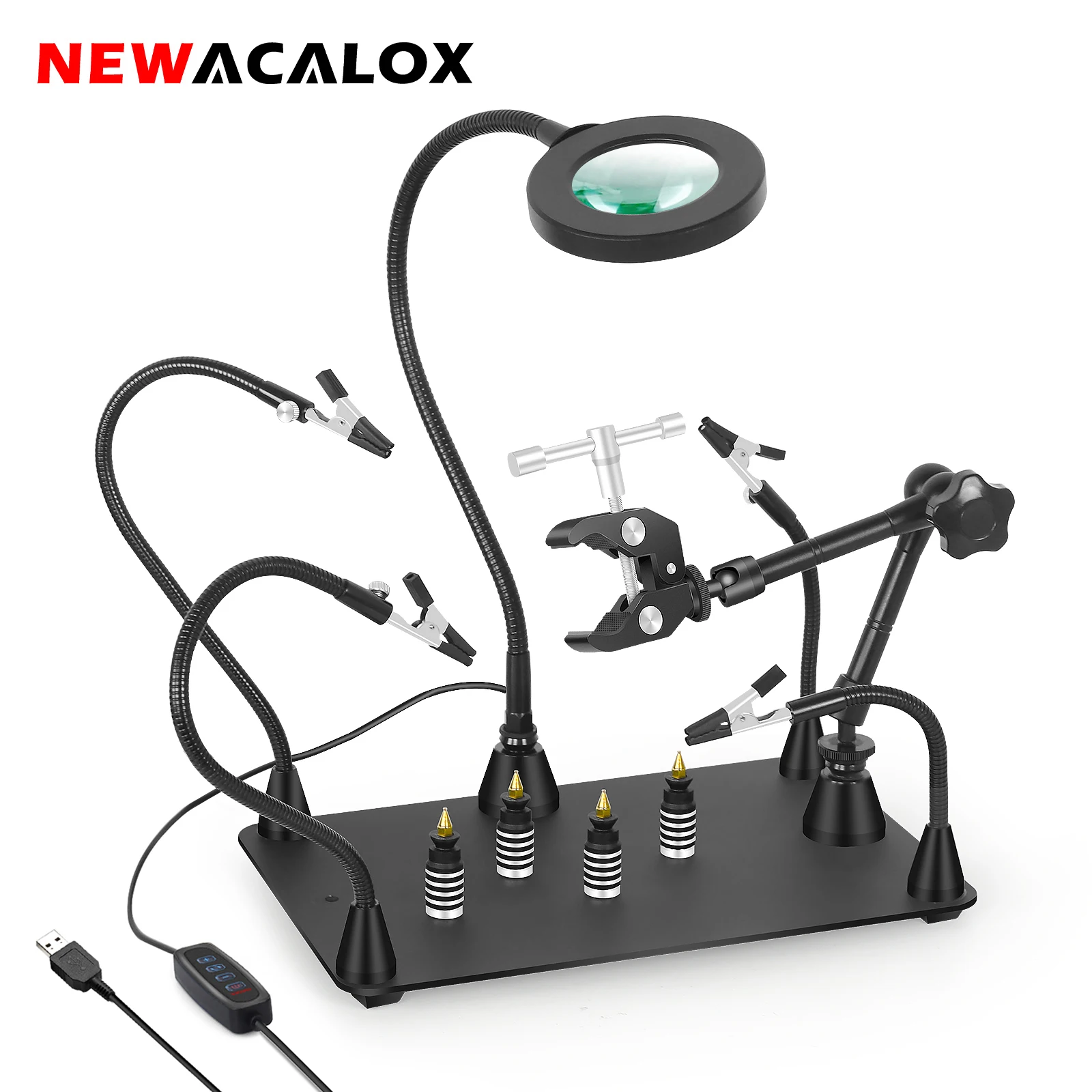 NEWACALOX Magnetic Soldering Third Hand PCB Holder Heat Gun Stand with 3X LED Magnifying Glass Heavy Duty Welding Workstation